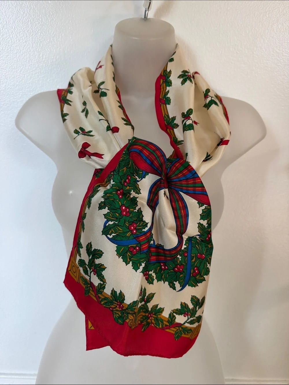 Vintage Amanda Fielding Silk Holiday Scarf Wreath Ribbon Bows Red Cream